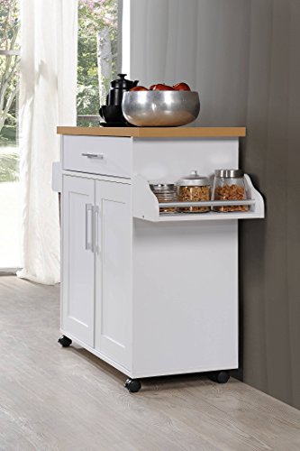 Hodedah Rolling Wood Kitchen Island Cart with Spice Rack, Towel Rack, Utensil Drawer plus Cabinet, White with Beech Top
