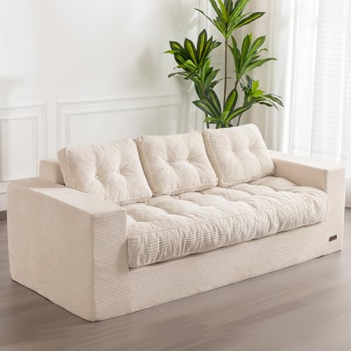 MAXYOYO 3 Seater Couch for Living Room, Boneless Couch with Tufted Cushion & Backrest, Upholstered Floor Sofa with Armrests, Sofa in A Box, No Assembly Required, Beige