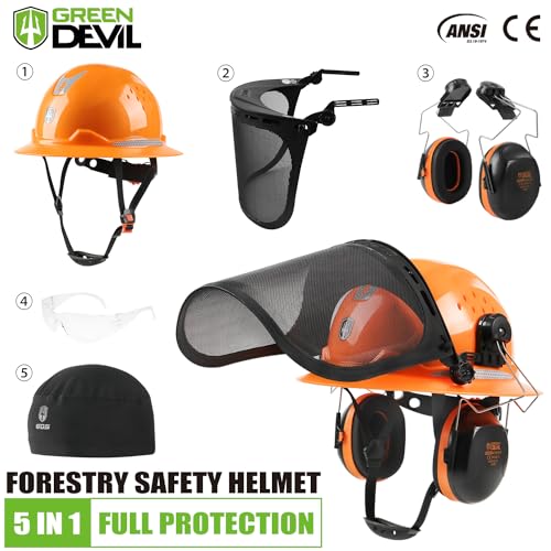 GREEN DEVIL Chinsaw Helmet Full Brim Style Arborist Helmet Ventd Forestry Safety Hard Hat Kit With Face Sheild Hearing Protection Ear Muffs Practical Spectacle Helmets Liner 5 IN 1 ANSI Z89.1 Approved