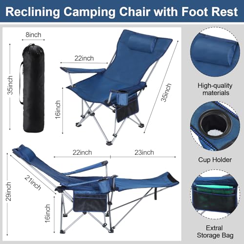 Beach Chair with Umbrella Reclining Camping Chair with Foot Rest Umbrella with Universal Clamp UPF 50+ 360 Degree Adjustable Umbrella Portable Lightweight Foldable Chair for Outdoor (Blue)