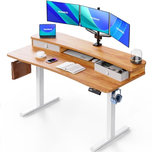 HUANUO 48″ x 24″ Electric Standing Desk with 2 Drawers, C-Clamp Mount Compatible, Height Adjustable Computer Desk, Home Office Stand Up Desk with 4 Preset Heights & 2 Hooks, Black