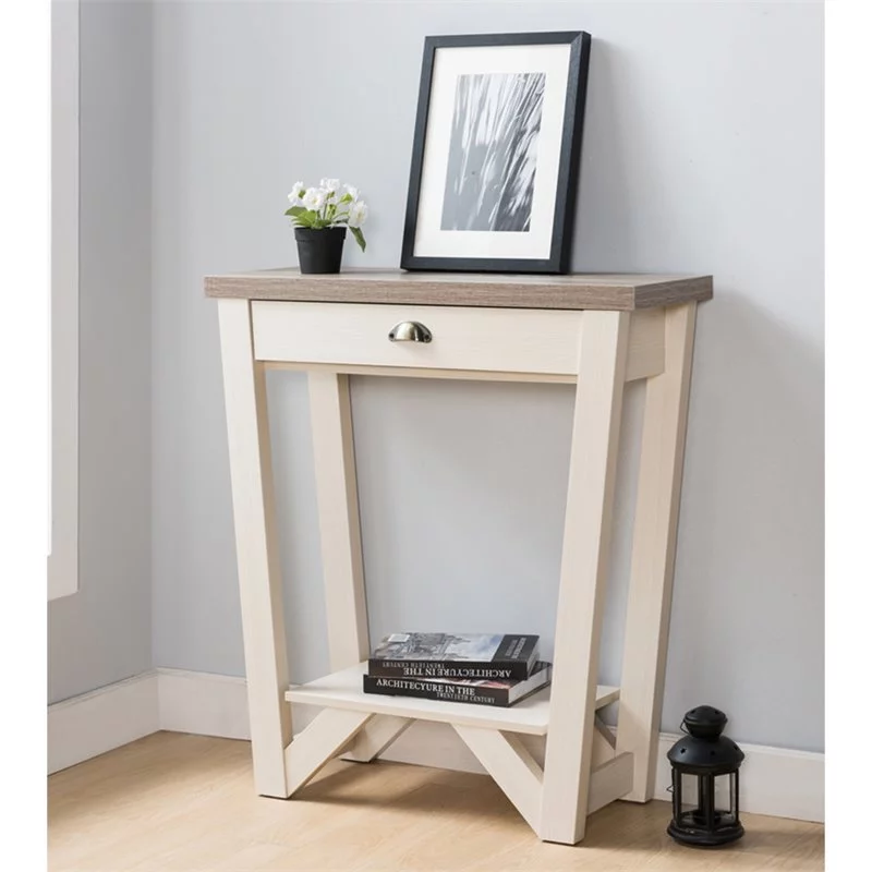 Bowery Hill Contemporary Wood 1-Drawer Console Table in Ivory and Light Oak