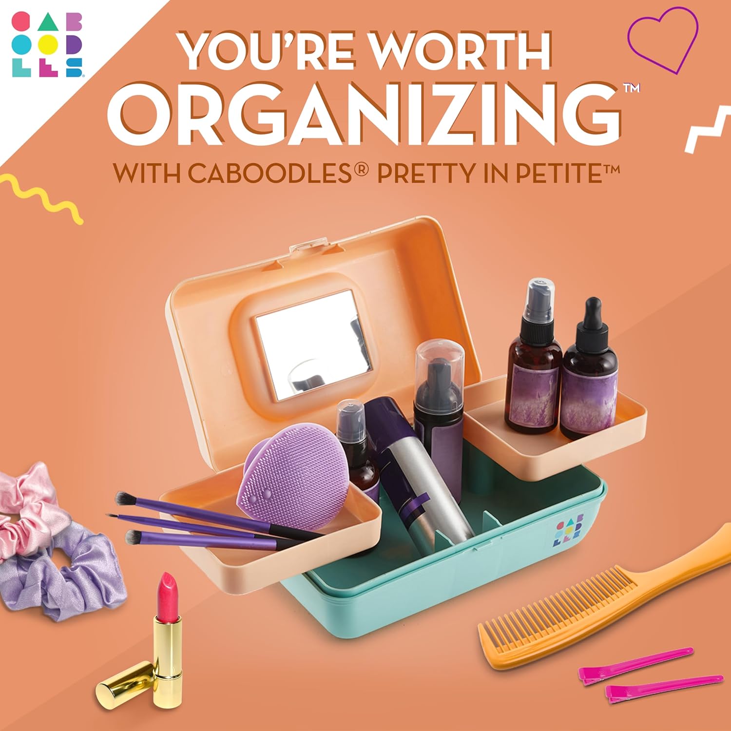 Caboodles Pretty in Petite Makeup Box, Two-Tone Peach on Seafoam, Hard Plastic Organizer Box, 2 Swivel Trays, Fashion Mirror, Secure Latch for Safe Travel