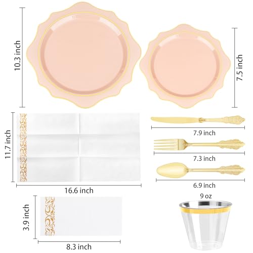 350 PCS Clear and Gold Plastic Plates, Gold Disposable Plates for 50 Guests, Includes 100 Disposable Plates, 50 Cups, 150 Silverwares, and 50 Napkins for Party, Graduation and Wedding