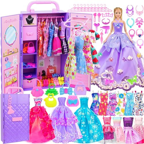 Ecore Fun 108 Pcs Doll Clothes and Accessories with Purple Doll Closet for 11.5 Inch Girl, Includes Party Dresses, Fashion Outfits, Swimsuits, Shoes, Hangers, Bags, Necklaces