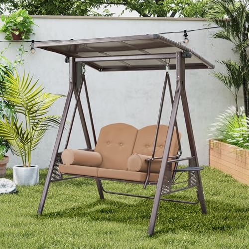YOLENY Oversized Outdoor Porch Swing with Hardtop, 3 Seat Patio Swing with 2 Side Cup Holder, 3-in-1 Convertible Backrest Swing Bed with Cushion, 2 Pillows for Front, Porch, Lawn