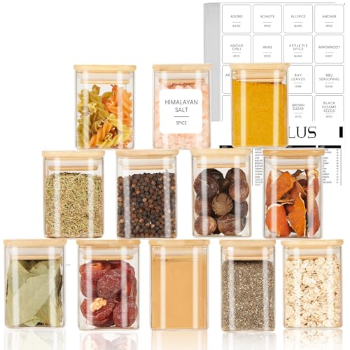 12Pcs Glass Spice Jars with Bamboo Airtight Lids, 6oz Spice Containers with 140 Preprinted Spice Labels, Empty Seasoning Containers for Spice Salt Sugar Herb