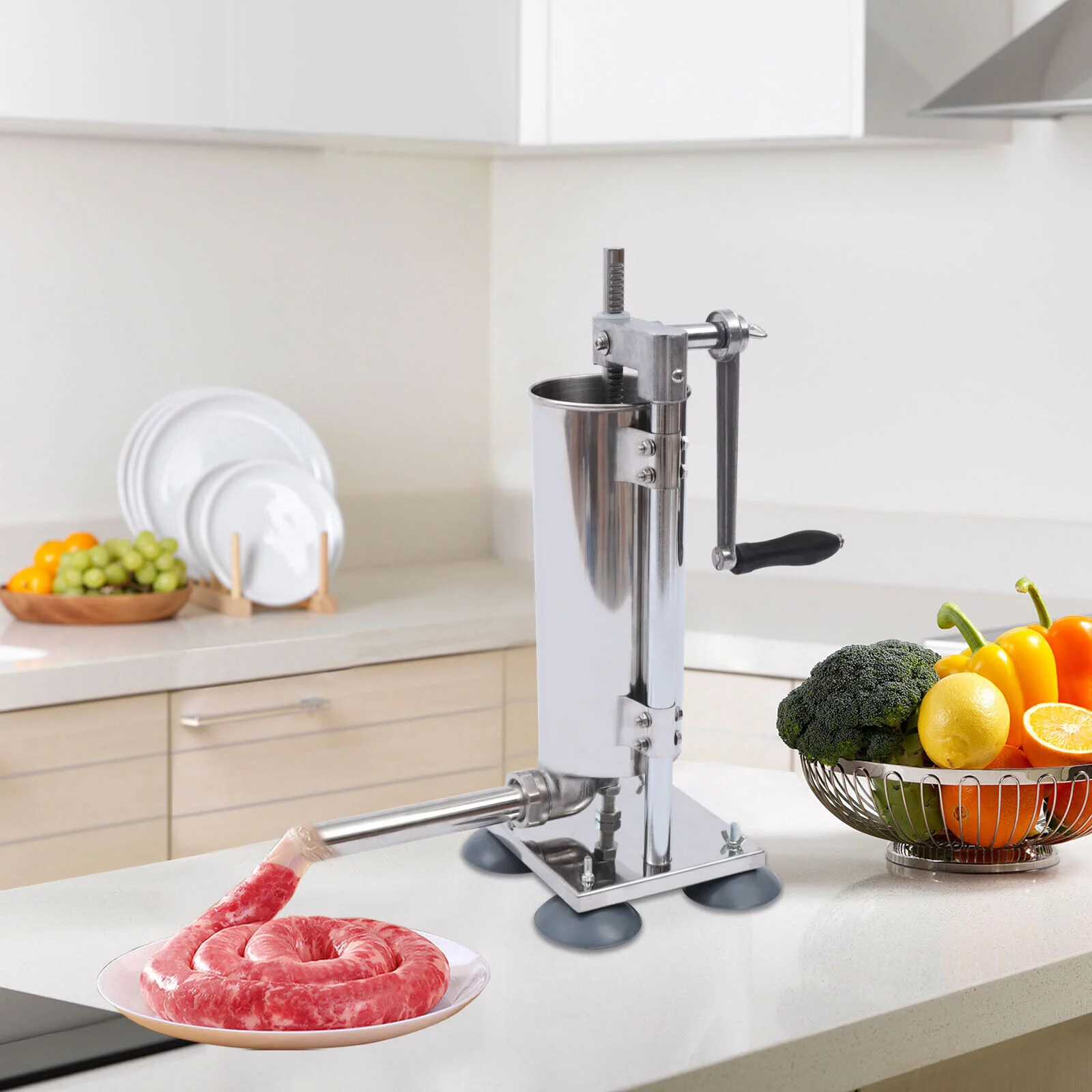 OUKANING 3L Vertical Hand-crank Sausage Maker Meat Filler Machine Sausage Stuffer Meat Press Stainless Steel with 8 Tubes