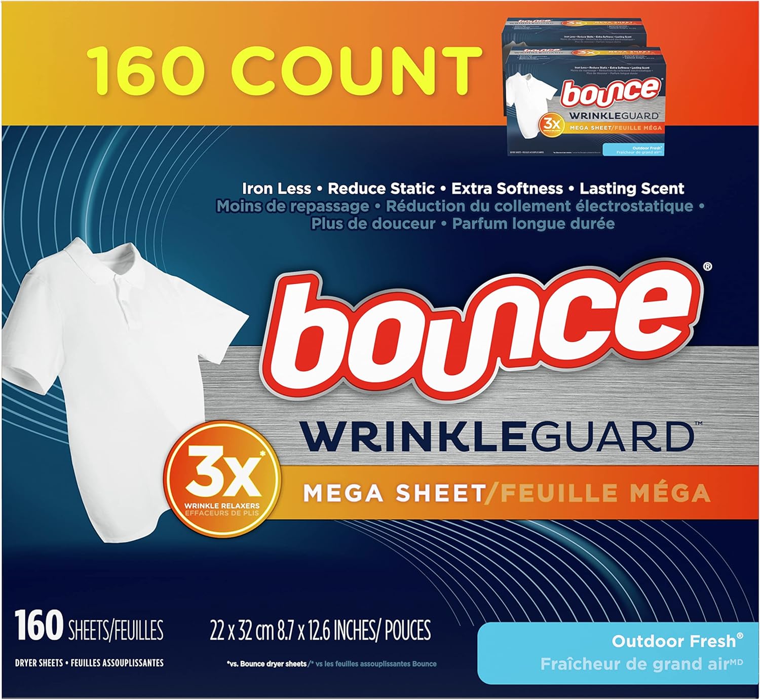 Bounce WrinkleGuard Mega Dryer Sheets, Fabric Softener and Wrinkle Releaser Sheets, Outdoor Fresh Scent, 160 count