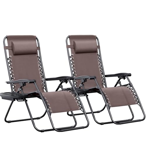 Greesum Zero Gravity Chairs Set of 2 Adjustable Steel Mesh Recliners Beach Deck Lawn Camping Patio Foldable Lounge Chair with Cup Holder Trays and Pillows,Brown