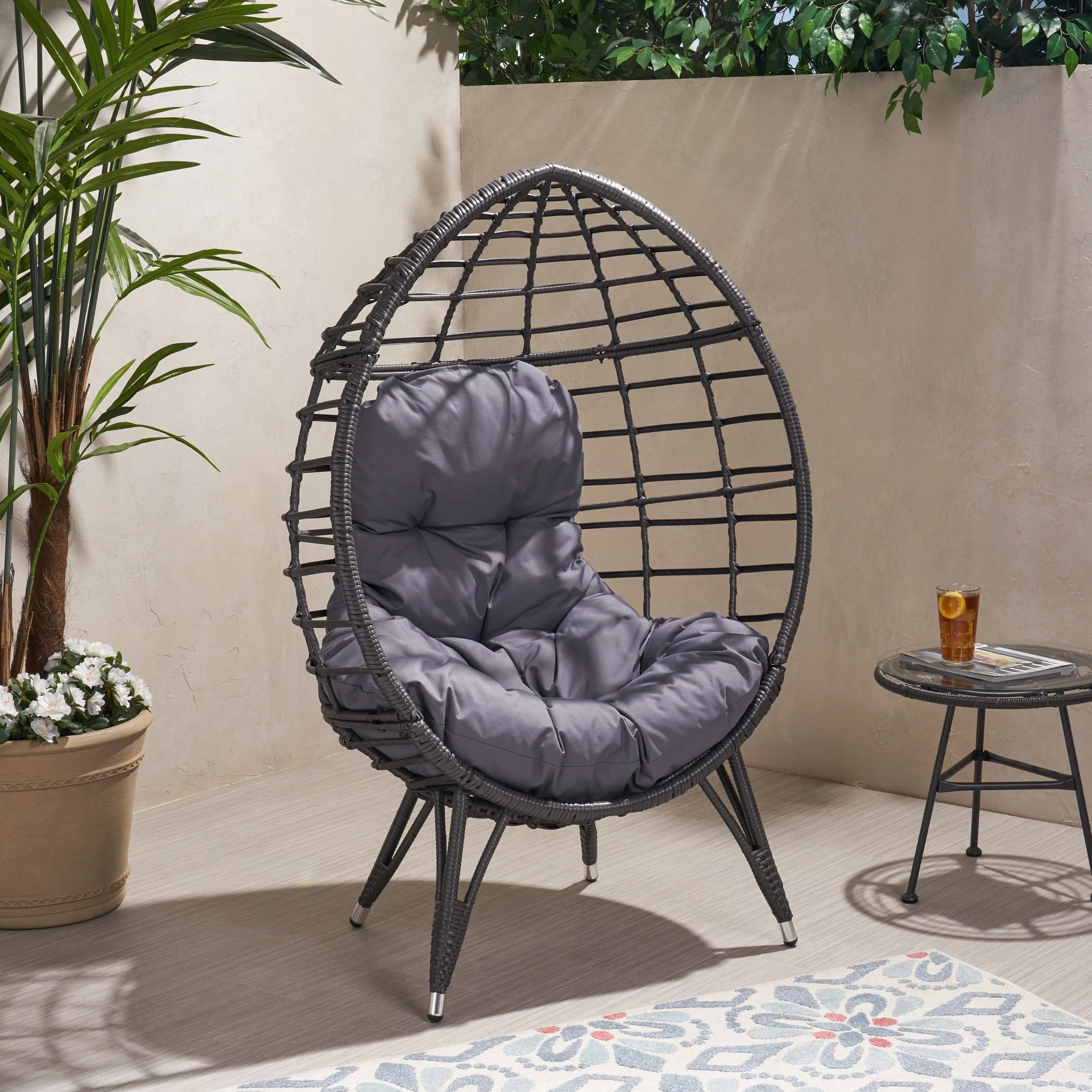 Noble House Santino Outdoor Wicker Teardrop Chair in Gray and Dark Gray