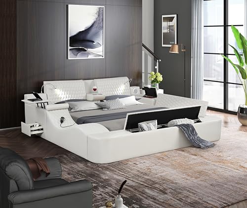 Multifunction King Bed Frame, Luxury Leather Bed Frame with Adjustable Headboard Massage Recliner/USB Port/Music Speaker/Storage Footstool/Storage Shelf, Modern Smart Bed(Black)