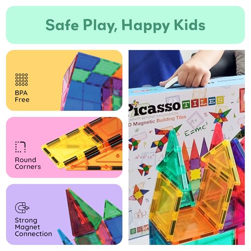 PicassoTiles 100 Piece Set 100pcs Magnet Building Tiles Clear Magnetic 3D Blocks Construction Playboards, Creativity Beyond Imagination, Inspirational, Recreational, Educational Conventional