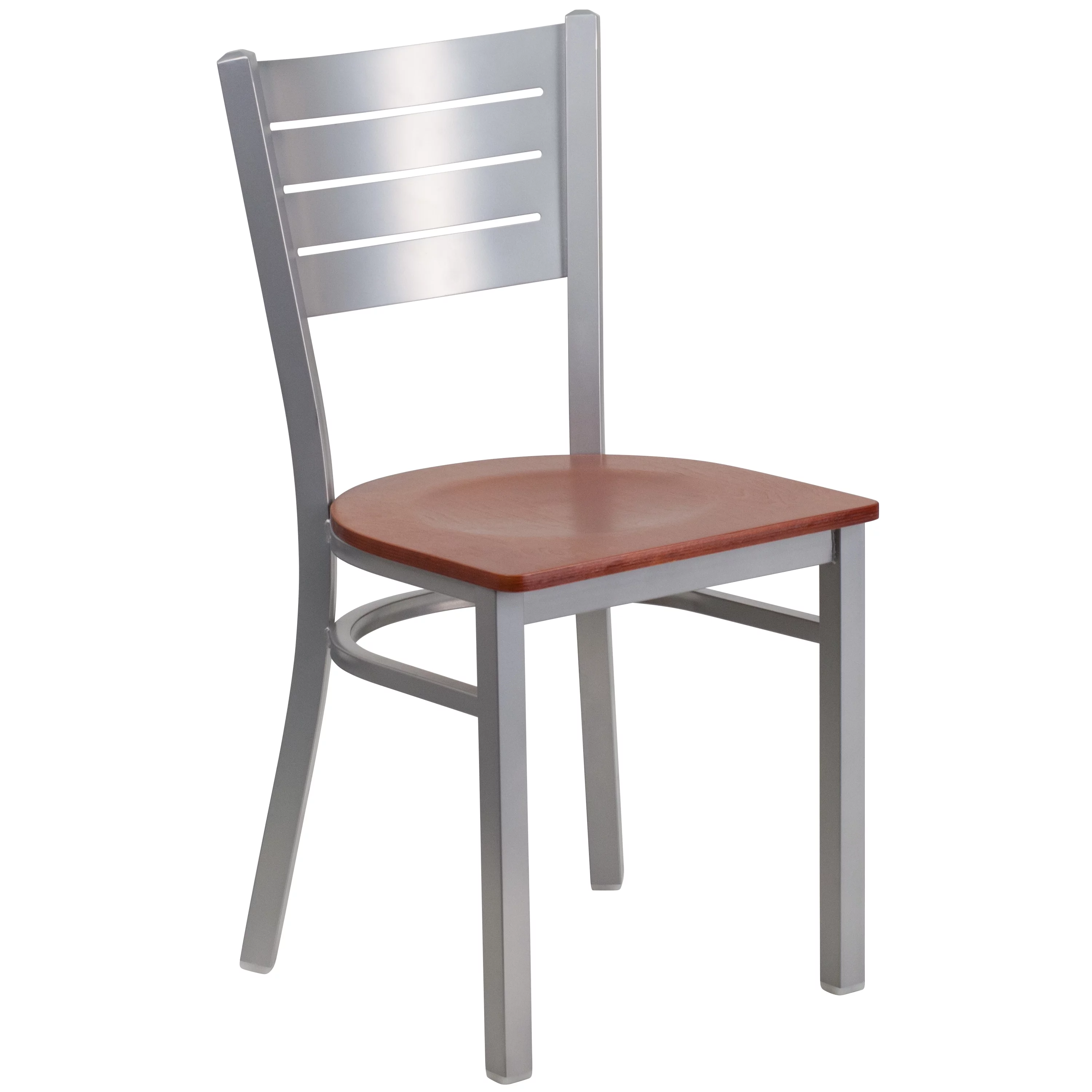 Emma + Oliver Silver Slat Back Metal Restaurant Chair - Cherry Wood Seat