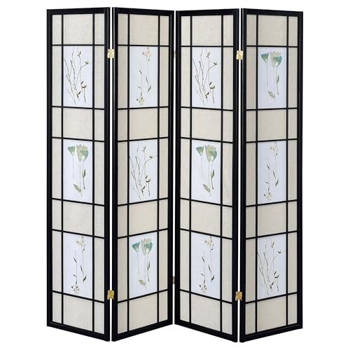 Coaster Home Furnishings - Catabella - Solid Wood - 70-Inch 4-Panel Room Divider Folding Shoji Screen with Beige Fabric Panels and Flandal Detail - Living Room & Bedroom - Black and Beige - 4407