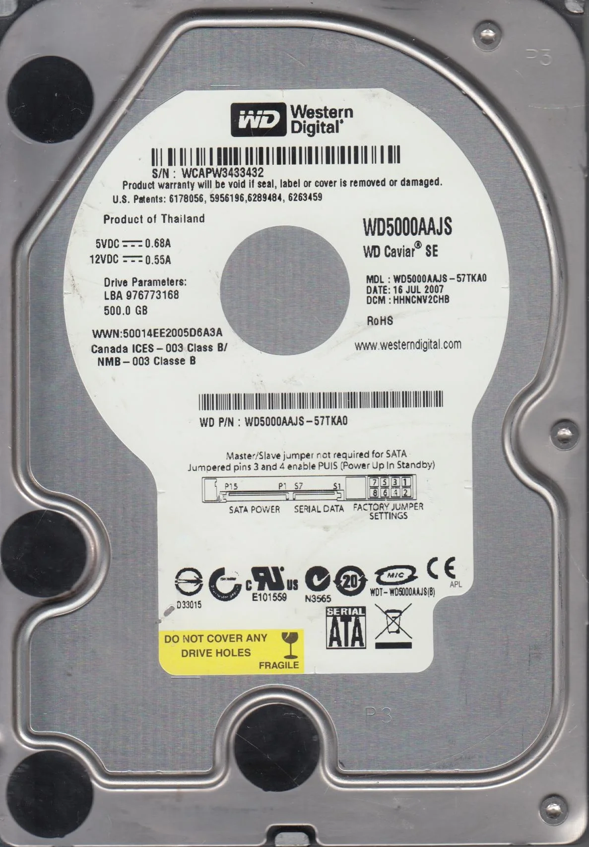 WD5000AAJS-57TKA0, DCM HHNCNV2CHB, Western Digital 500GB SATA 3.5 Hard Drive