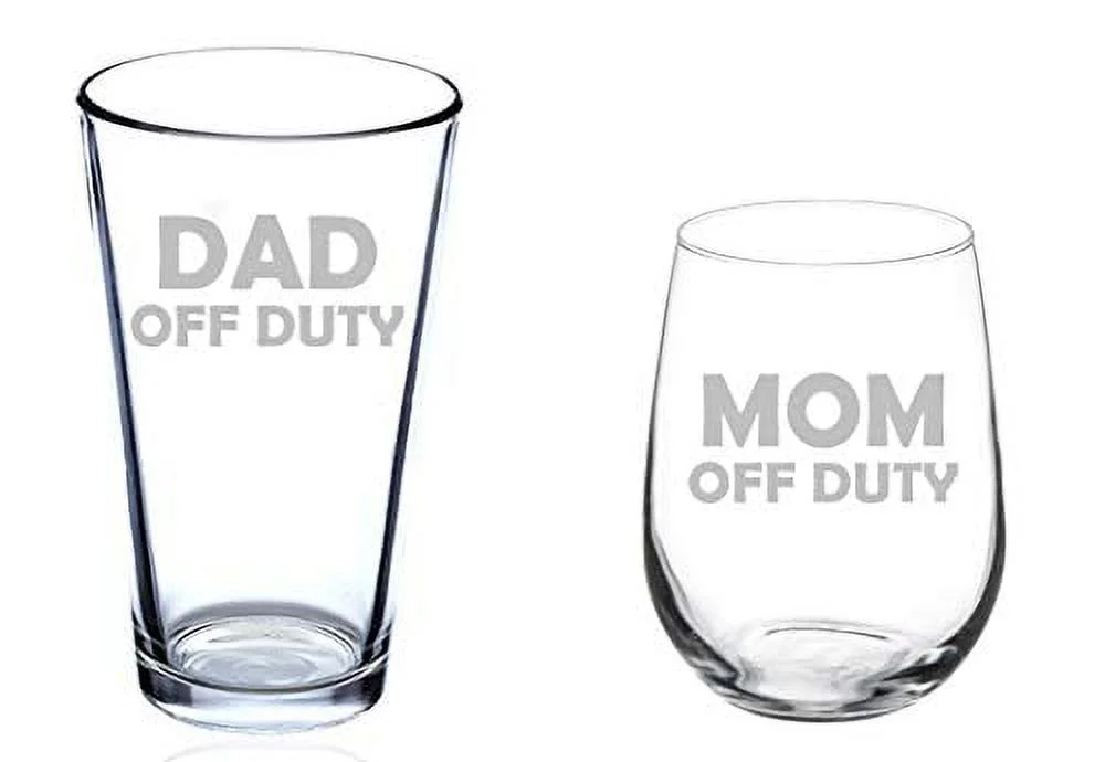 Set of 2 Glasses Stemless WINE & Beer PINT Glass Mom Off Duty Dad Off Duty Funny