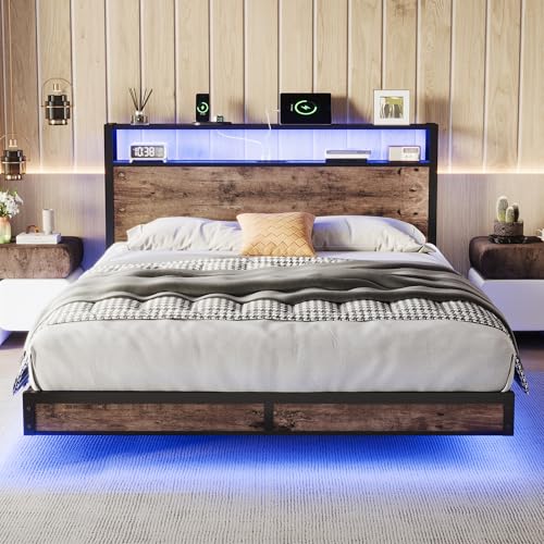 Full Size Bed Frame with Storage Headboard, Sturdy Metal Platform Bed Frame with LED Lights and Charging Station, Easy Assembly, No Box Spring Needed, Noise Free, Rustic Brown