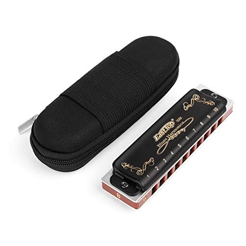 Easttop Professional Harmonica Blues Key of G 10 Hole 20 Tone Heavy Duty with Case & Cleaning Cloth for Professional Player,Beginner,Students,by Eison-East Top,Black,Great Christmas Gift
