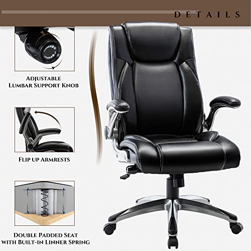 Executive Office Chair-Ergonomic Computer Desk Chair, High Back Leather Chair with Padded Flip-up Arms, Swivel Home Office Chair Upgraded Caster-Black