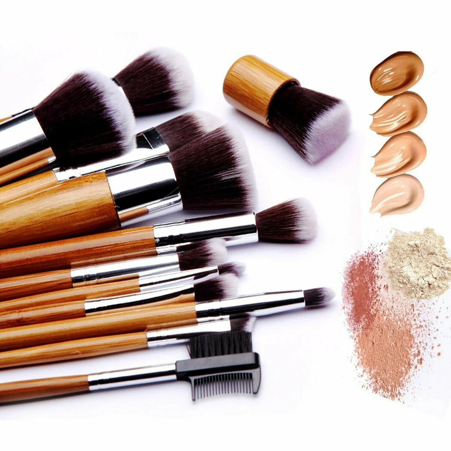 Makeup Brush Set (12-Piece) Kabuki Bamboo Handle & FREE Brush Egg