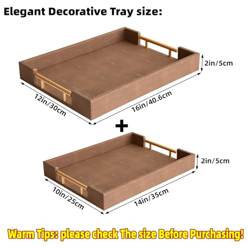 Modern Decorative Tray Set of 2 - White and Gold Marble Wood Serving Tray with Gold Polished Metal Handles for Ottoman, Coffee Table, Bathroom and More