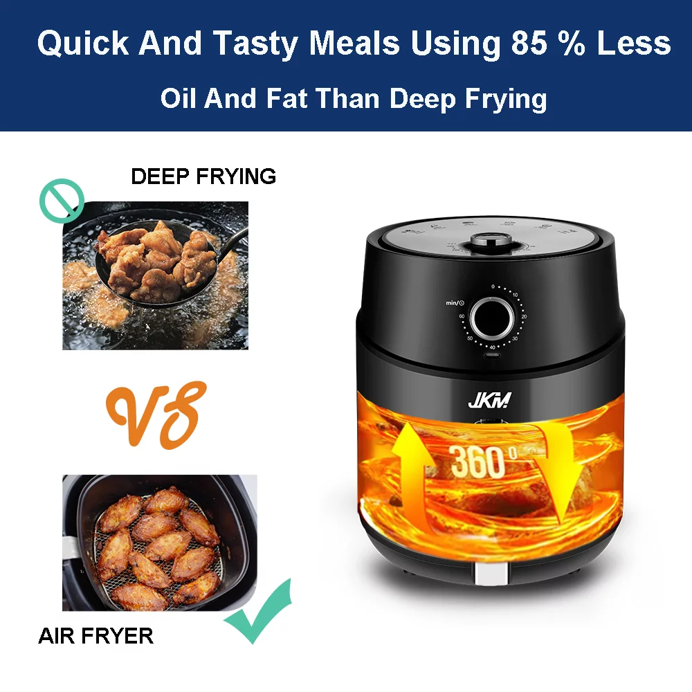 JKM Air Fryer 3.7 Quart, mechanical Air Fryer Oven, Adjustable Timer & Temp, No Oily Smoke Frying Cooking, Auto Shut Off, 1500W, Black