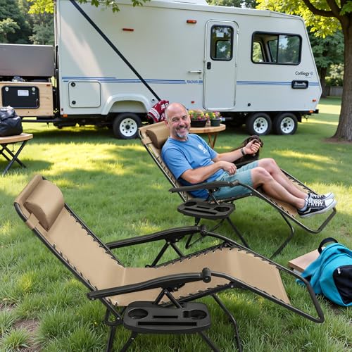 Greesum Zero Gravity Chairs Set of 2 Adjustable Steel Mesh Recliners Beach Deck Lawn Camping Patio Foldable Lounge Chair with Cup Holder Trays and Pillows,Brown