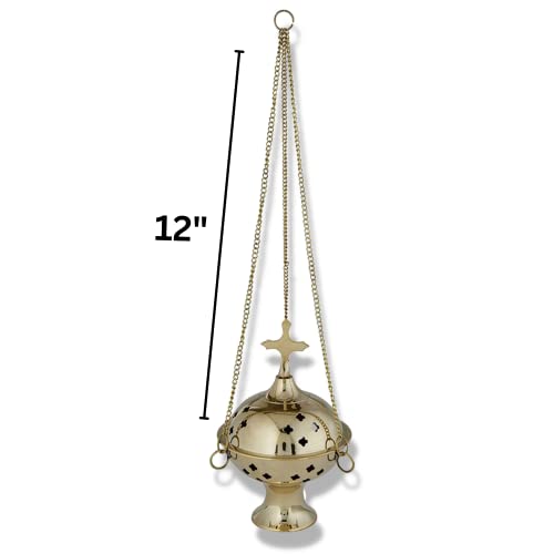 Needzo Brass Hanging Censer Incense Burner with Cross, Catholic Decor for Home or Church, 12 Inch Chain