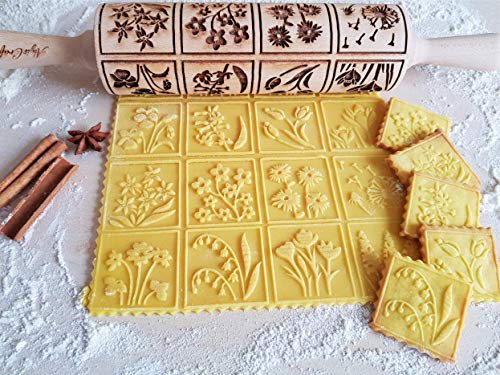 SPRING FLOWERS Embossing Rolling Pin with 16 Different Flowers in Squares. Dough and Clay Roller for Embossed Cookies and Pottery. Cookie and Ceramic Stamp. Baking Gifts for Women by Algis Crafts