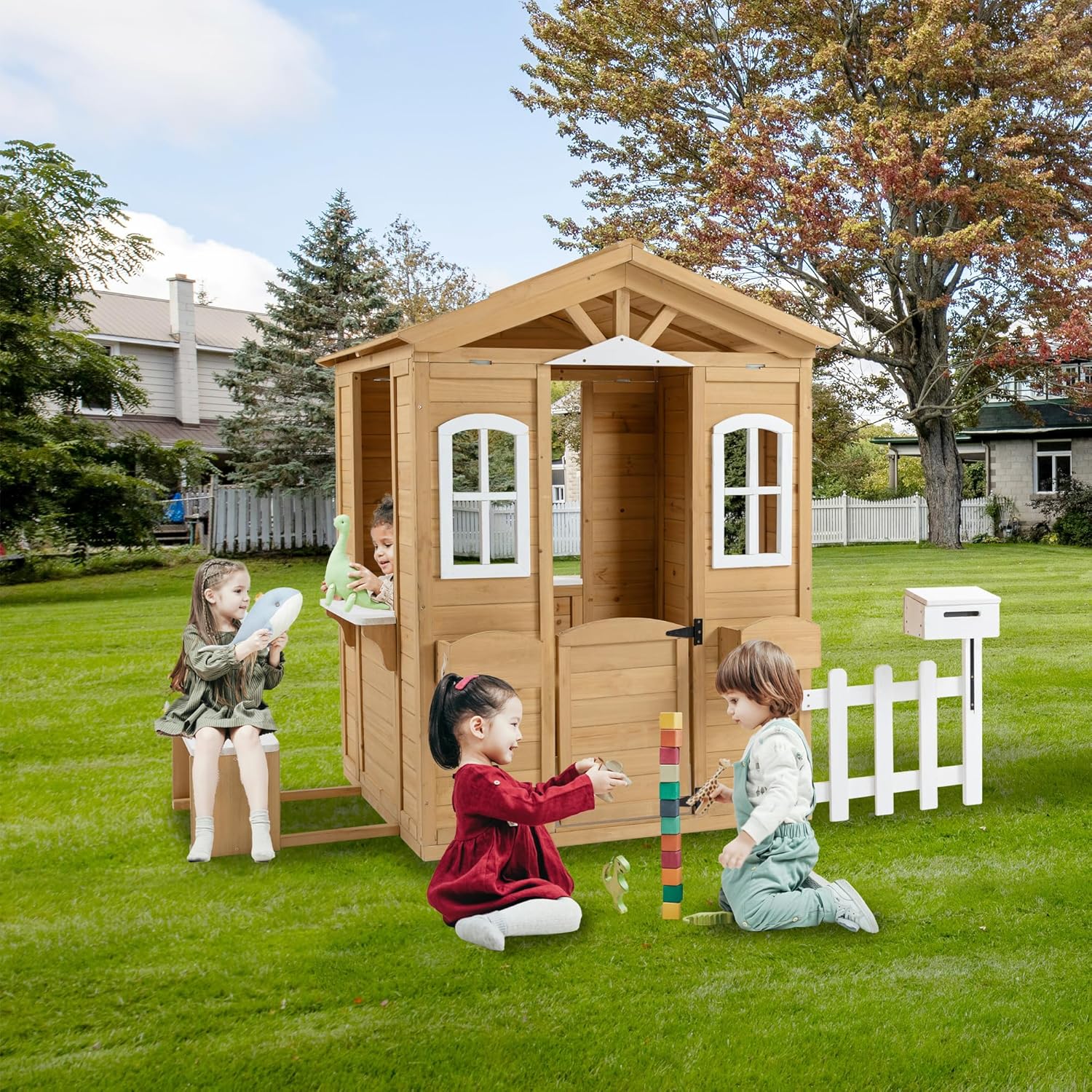 Wooden Outdoor Playhouse for Kids, Playhouse Cottage with Working Doors Windows & Mailbox, Pretend Play House, 39