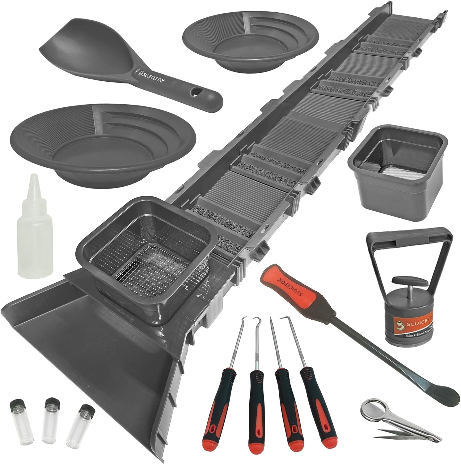53 inch Sluice Box Compact Gold Panning Kit; Portable Sluice Box and 2 Classifier sifting Pans; Huntley Spoon; paydirt Scoop; classify While You Sluice with This Patented Prospecting Tool Set (Black)