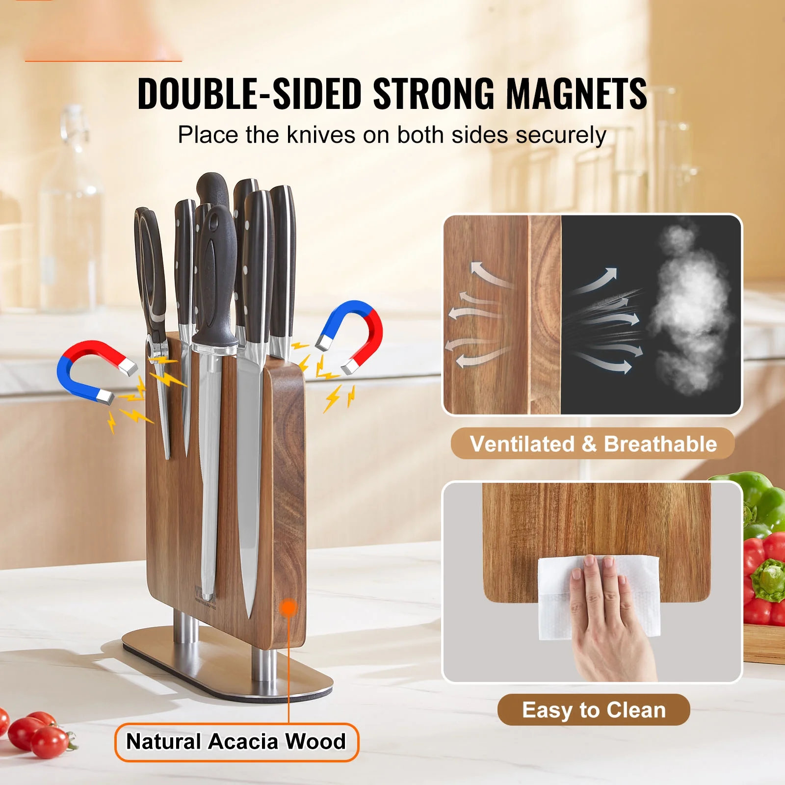 SKYSHALO 10 in Magnetic Knife Block Double side Knives Holder Acacia Wood Knife Stand for Kitchen Cutlery Display Rack and Organizer with Thickened Stainless Steel Base