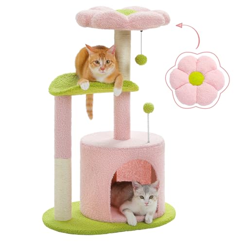 PAWZ Road Flower Cat Tree Pink 32” Small Cat Tower Cat Scratching Post with Curved Perch, Cozy Cats Condo Removable Flower Bed for Kittens and Small Cats-Pink
