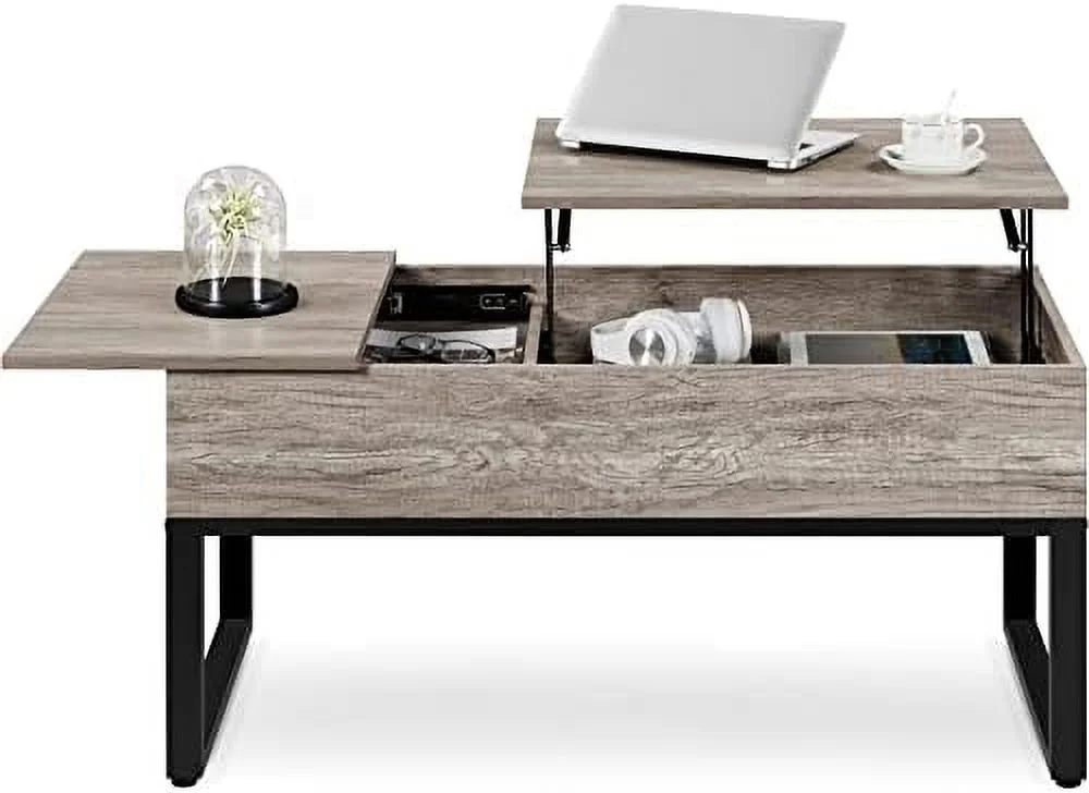 Split Lift Top Coffee Table with Hidden  Compartments and Side Drawer for Living Room  Retro Center Cocktail Table with Strong Iron Legs for  Office  40x20x20\u201D  Gray