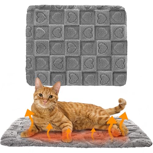 3 Pack Self Warming Cat Bed Mat Self Heating Pet Pad 15 x 20 Inch Soft Fluffy Heart Winter Thermal Pet Pad Non Slip Washable Kennel Crate Bed Mat for Indoor Outdoor Cat Dog Puppy(Gray)