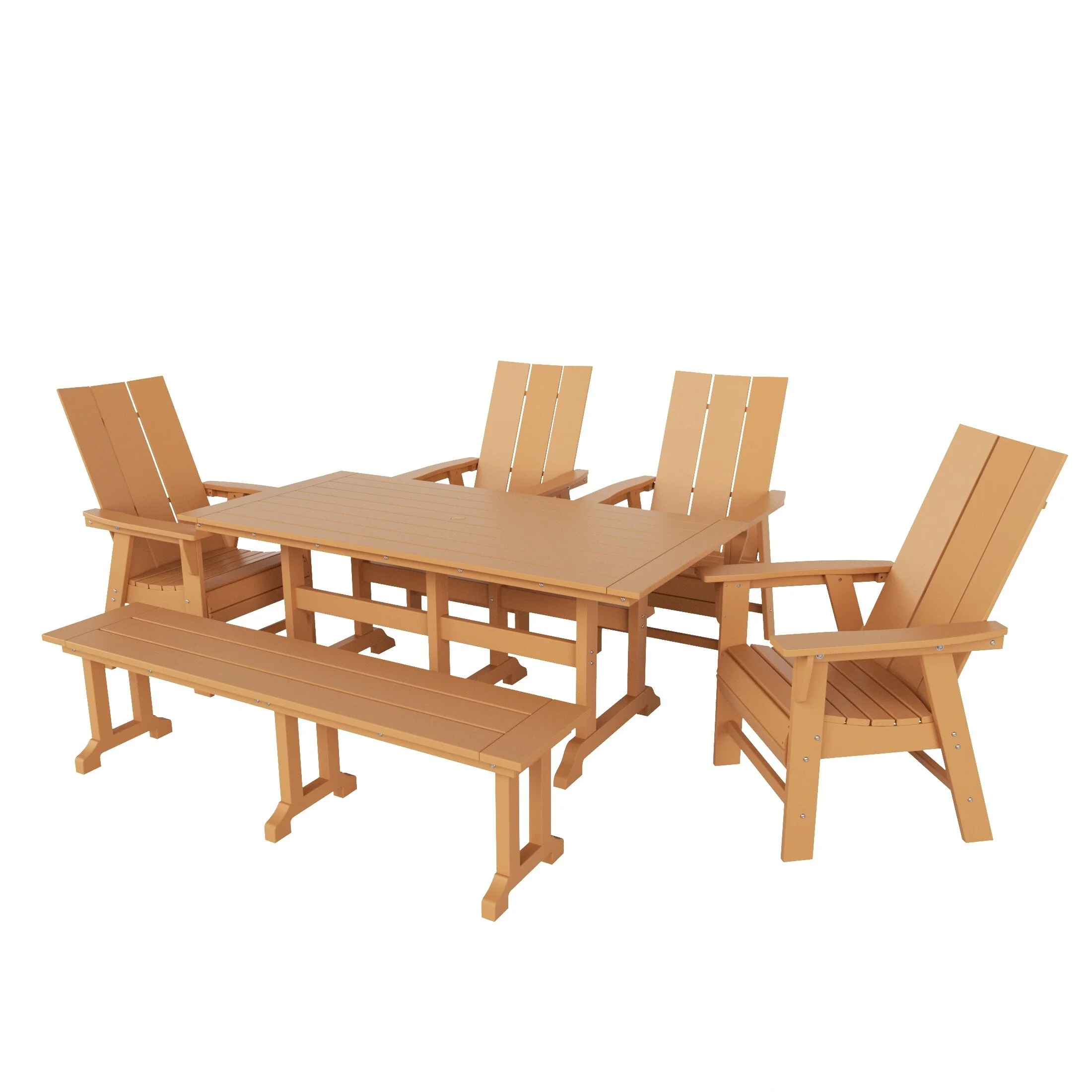 Polytrends Shoreside 6-Piece Rectangular Poly Eco-Friendly All Weather Outdoor Dining Set with Bench Teak