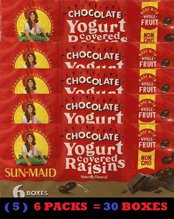 5x Sun-Maid CHOCOLATE YOGURT Covered California Raisins Sun Dried 6 Pks 30 BOXES