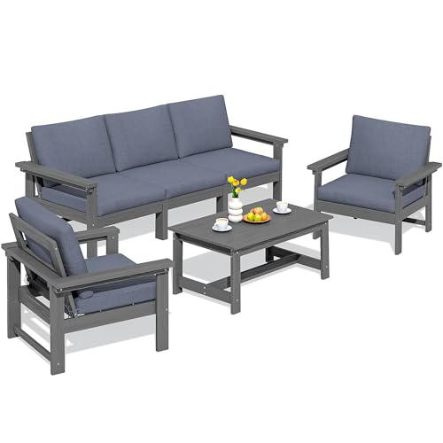 SERWALL HDPE Patio Conversation Set, 6-Piece Sectional Outdoor Furniture Set, All Weather Outdoor Couch Set Patio Furniture Set for Deck, Lawn, Black Frame with Khaki Cushion