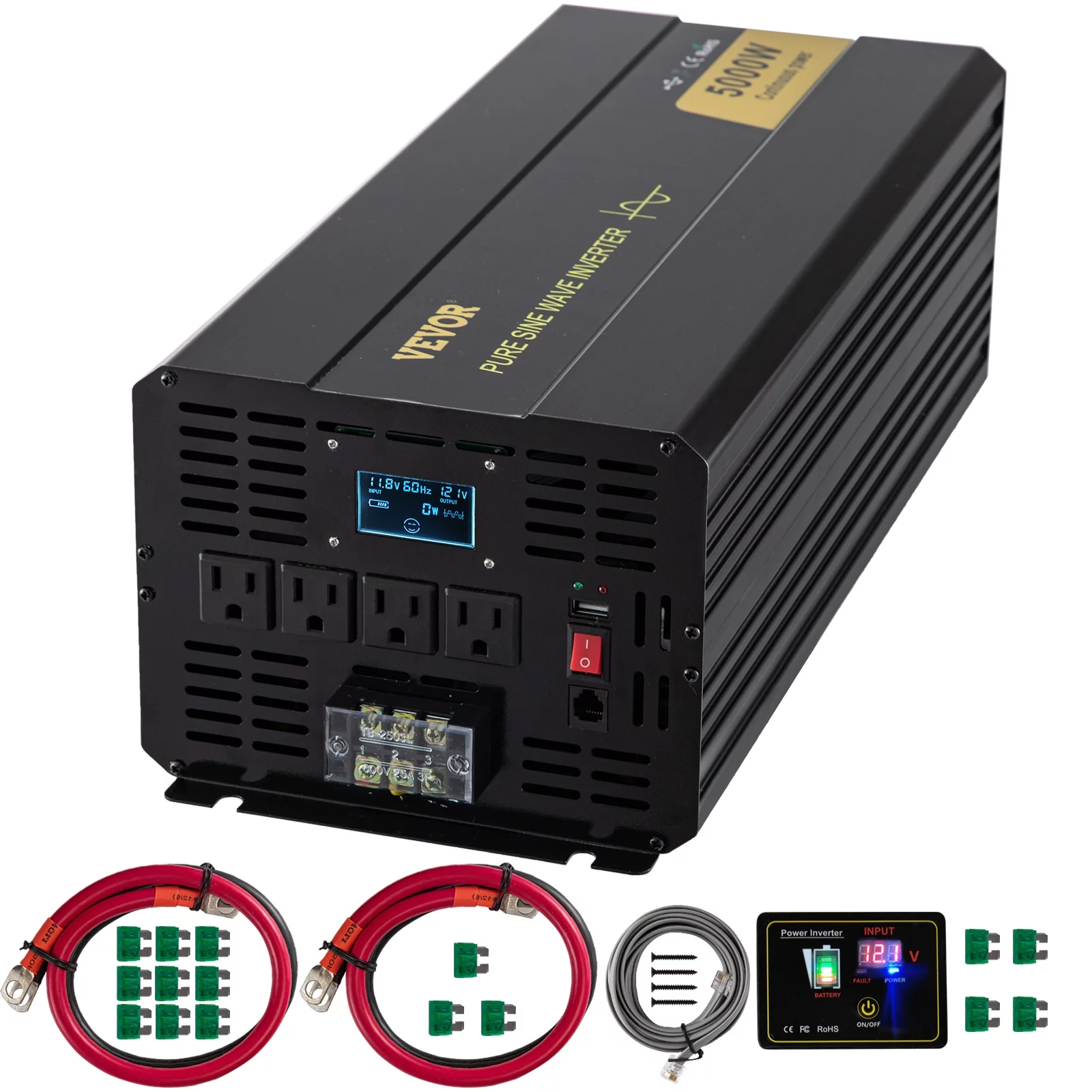 VEVOR Pure Sine Wave Inverter, 5000 Watt Power Inverter, DC 12V to AC 120V Car Inverter, with USB Port, LCD Display, and Remote Controller Power Converter, for RV Truck Car Solar System Travel Camping