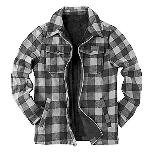 Mens Long Sleeve Sherpa Lined Flannel Shirt Jackets Thermal Quilted Lined Button Down Plaid Coats with Pockets