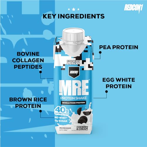 REDCON1 MRE Ready to Drink Protein Shakes, Cookies & Cream - Lactose + Whey Free RTD Protein Made with Real Whole Food Protein Blends - Keto-Friendly and Easy to Digest Nutritional Shake (12 Pack)