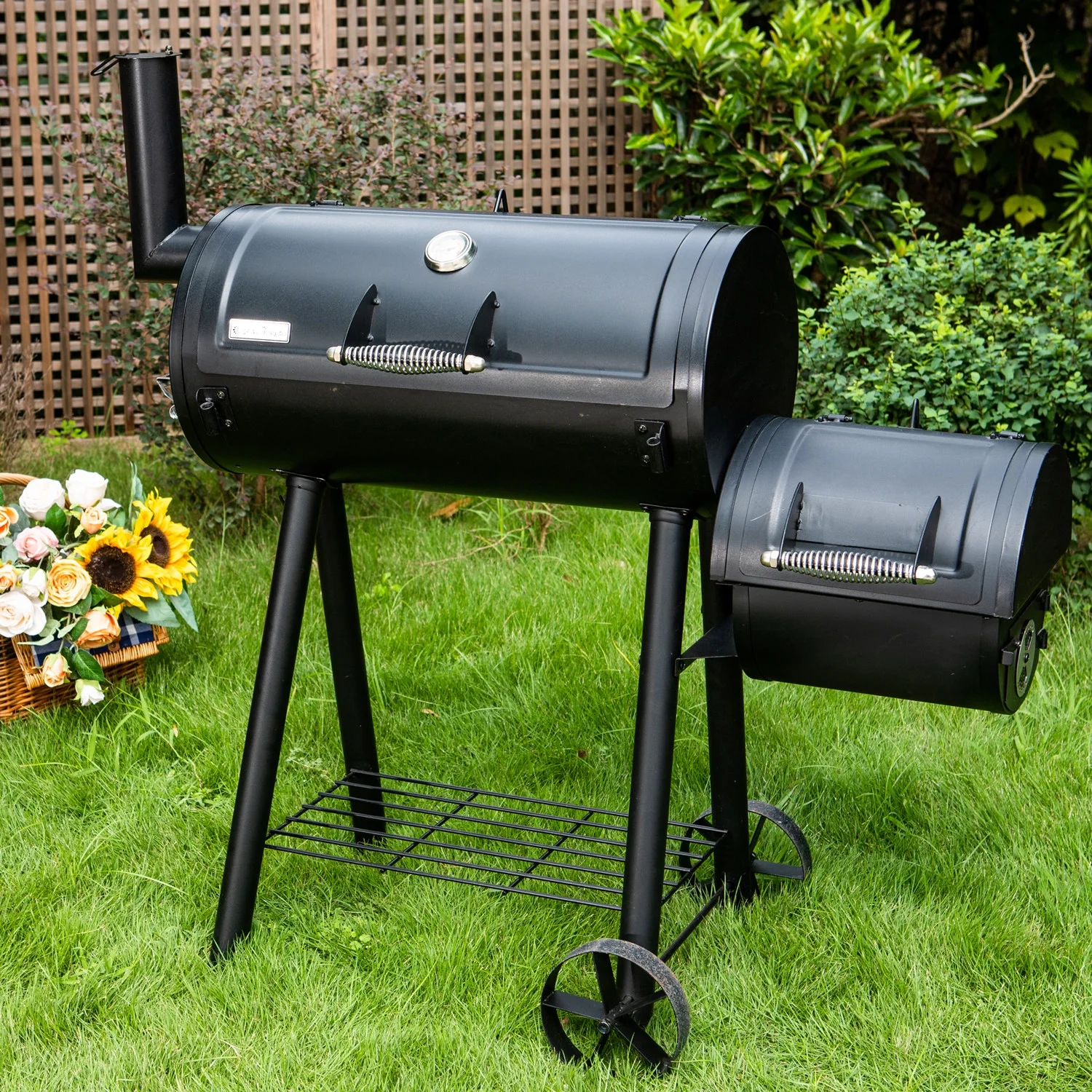 Summit Living 28'' BBQ Charcoal Grill with Offset Smoker for Backyard and Camping