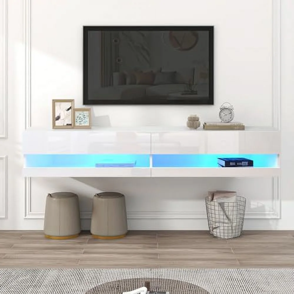 RUNFAYBIU 60" Floating TV Stand Wall Mounted TV Cabinet with 3 Open Compartments Hanging Entertainment Center for Living Room Bedroom Media Room Office Brown