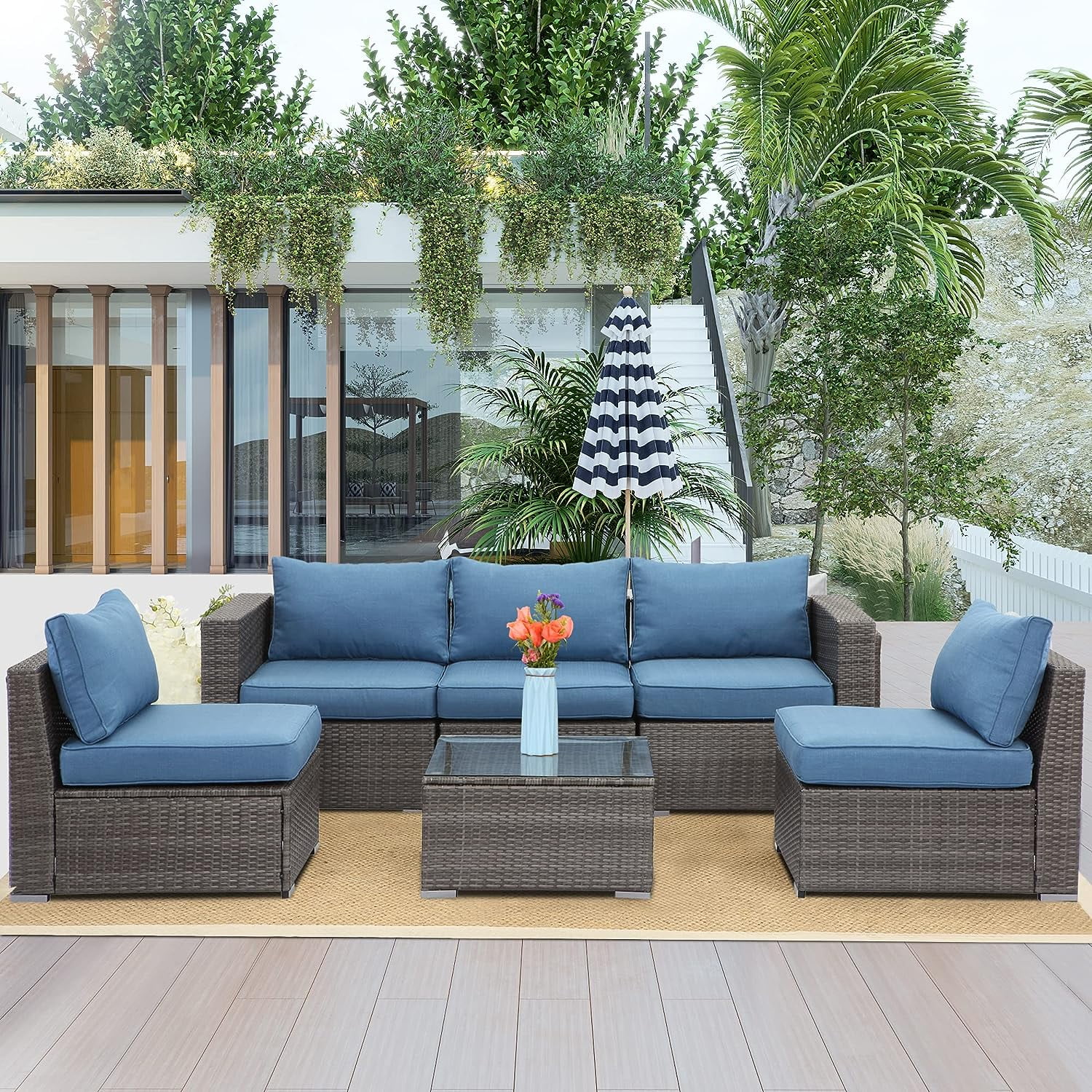 CozyHom 6 Pcs Outdoor Patio Wicker Rattan Furniture Set Sectional Conversation Sofa Set With Coffe Table And Cushions, Blue