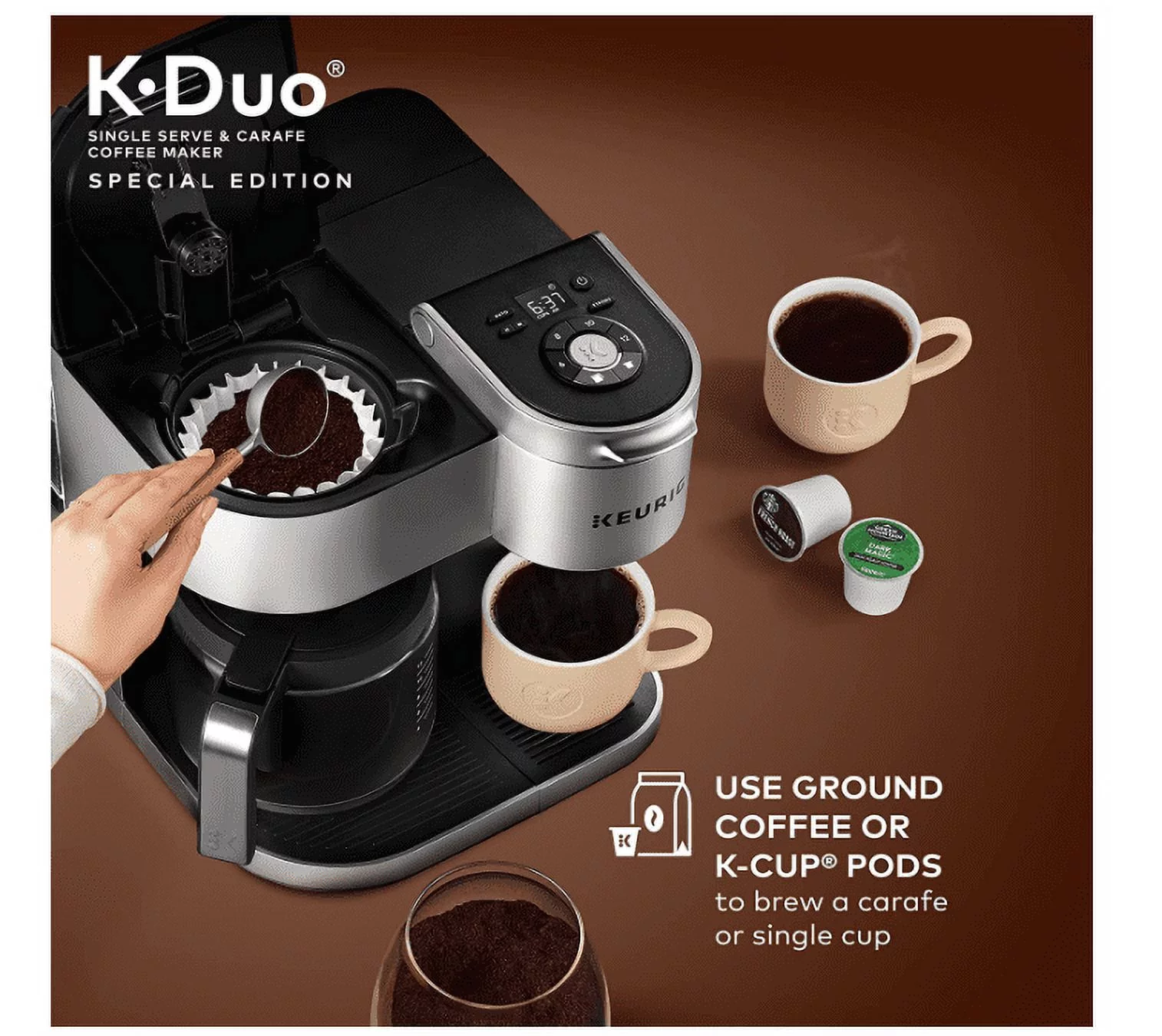Keurig K-Duo Special Edition Coffee Maker, Single Serve and 12-Cup Drip Coffee Brewer, Compatible with K-Cup Pods and Ground Coffee, Silver