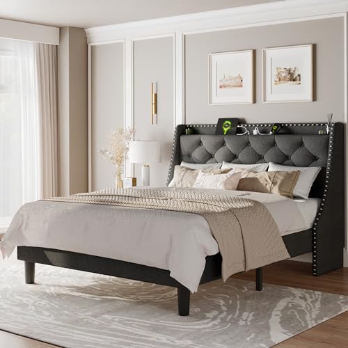 Feonase Full Bed Frame with Luxury Wingback Upholstered Button Tufted Storage Headboard, Full Platform Bed with Charging Station, Sturdy Wooden Slats Support, Noise-Free, Easy Assembly, Dark Gray