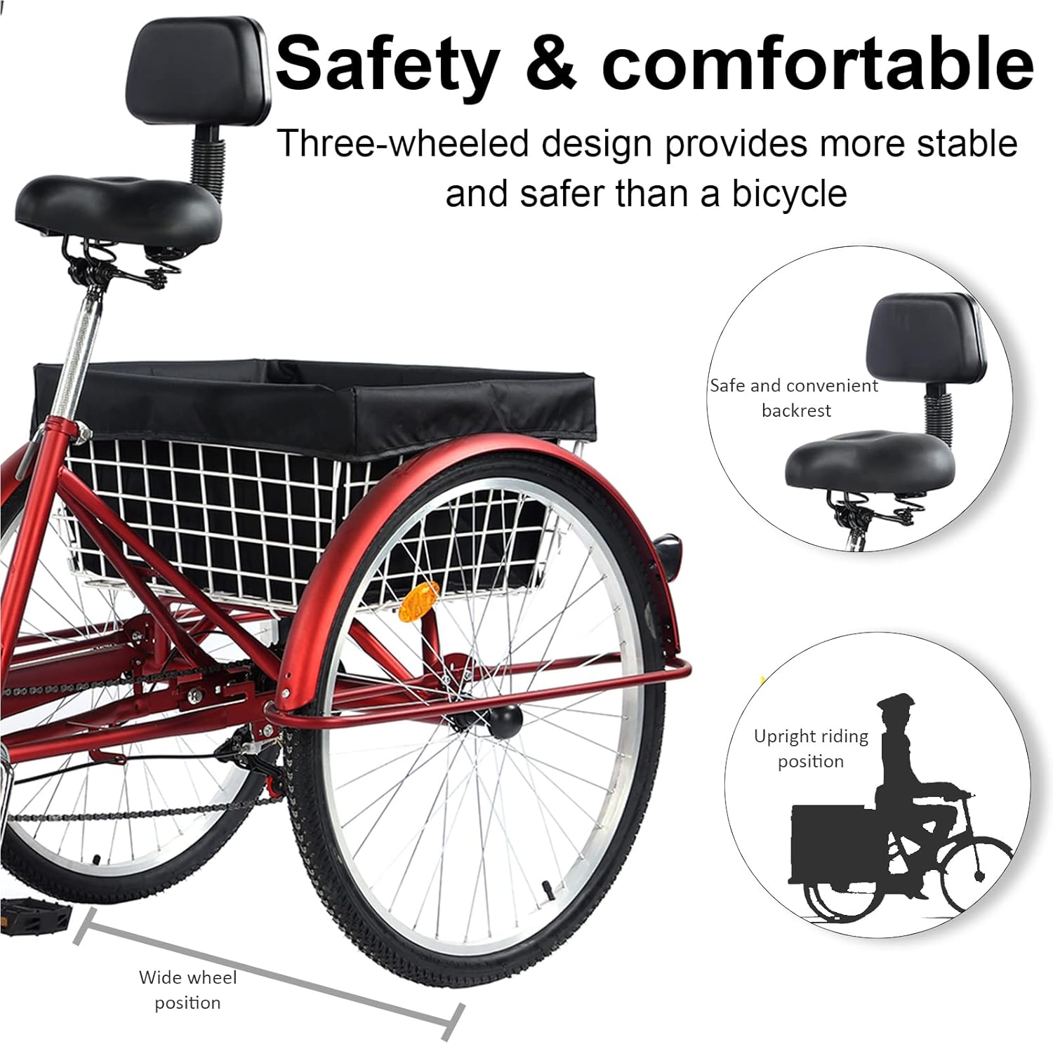 Adult Tricycle, 7 Speed Tricycles for Adults, 26 Inch Cruise Trike, Three Wheel Bikes with Large Basket & Low-Step Through Frame & Lock Kit, for Seniors, Women, Men, Dogs Beach