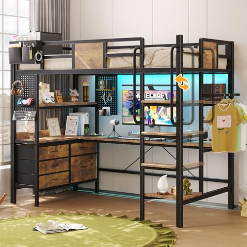 Loft Bed Twin Size,Bunk Bed with Desk Underneath,Loft Bed with RGB LED Lights and Charging Station,with 5 Storage Drawer Cabinets and 2 Open Shelves,Twin Loft Bed No Box Spring Needed,Vintage Brown