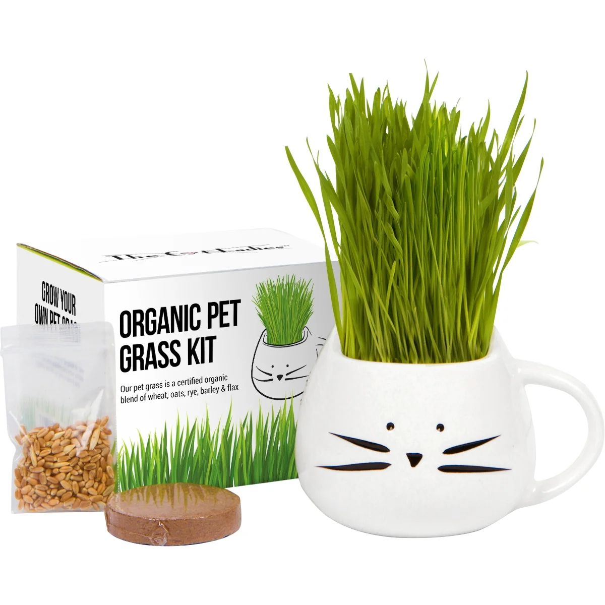 The Cat Ladies Organic Cat Grass Kit - Seed Mix, Soil, Cat Planter - Natural Hairball Control